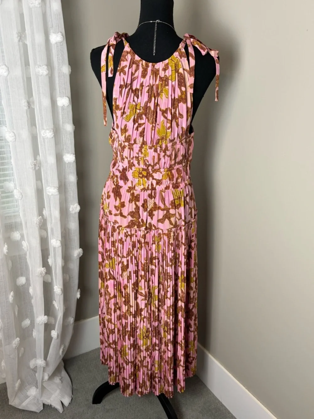 Ulla Johnson Amalthea 100% Silk Pink and Brown‎ Floral Pleated Midi Dress Size 4